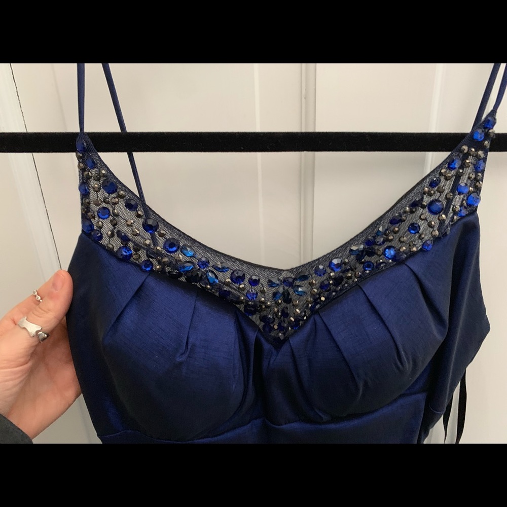 Blue cocktail dress with beaded neckline